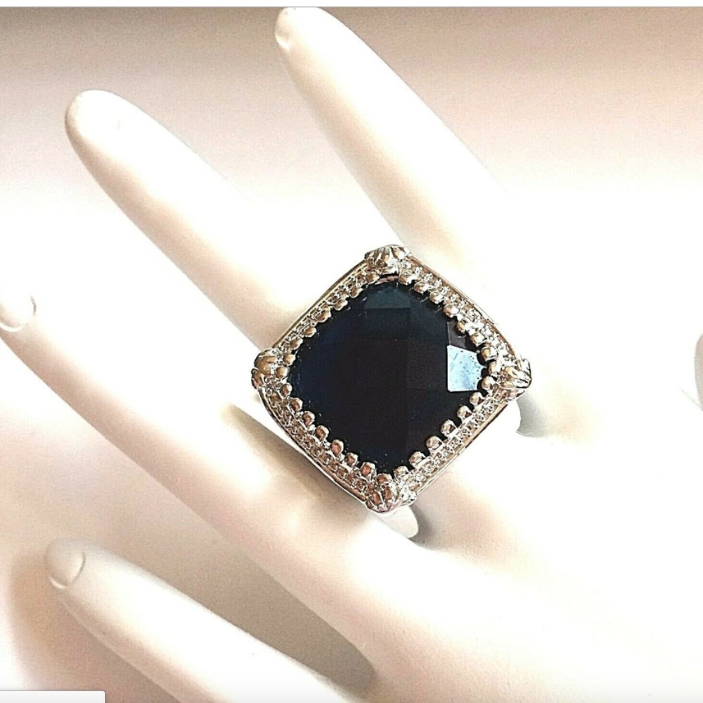 Silver Art Deco Sapphire Cocktail Ring Size 10 Blue Cubic Zirconia Rhodium Plate